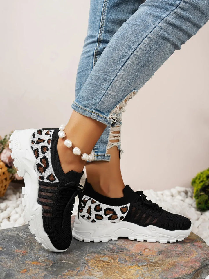 Cutout Leopard Lace Up Mesh Athletic Women's Shoes Trendsi