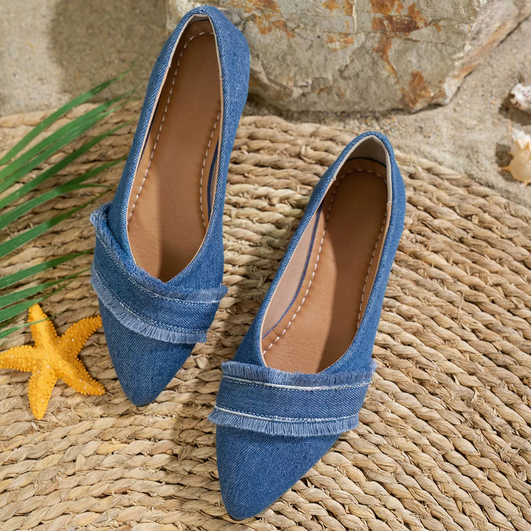 Harper Frayed Denim Pointed Flats Shoes Trendsi