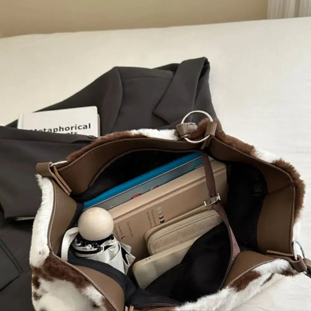 Cow Print Furry Tote Bag Accessories Trendsi