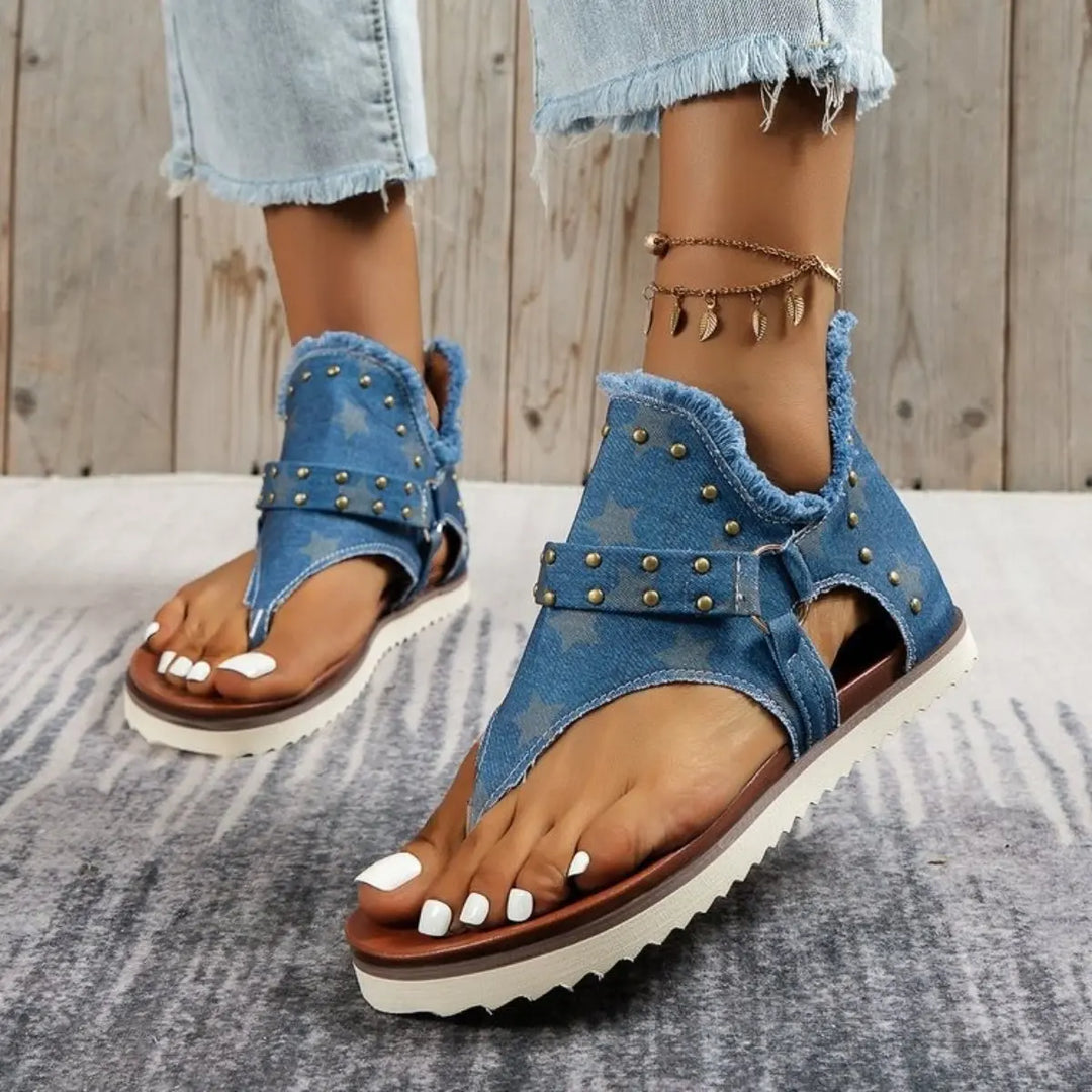 Studded Raw Hem Flat Sandals Shoes Trendsi 5 Medium Blue 