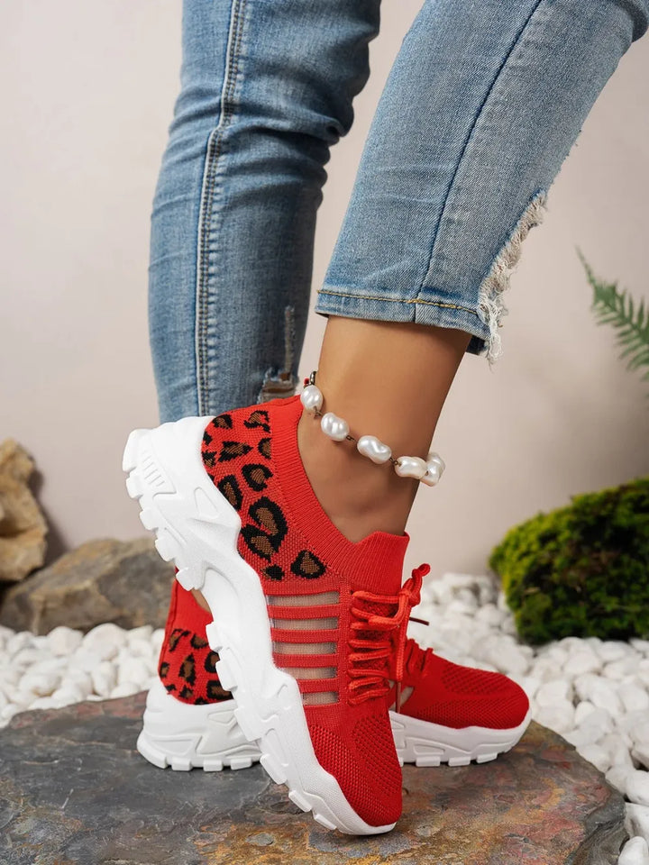 Cutout Leopard Lace Up Mesh Athletic Women's Shoes Trendsi