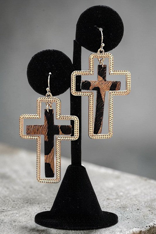 Animal Print Cross Framed Dangle Earrings Earrings Andrea Bijoux