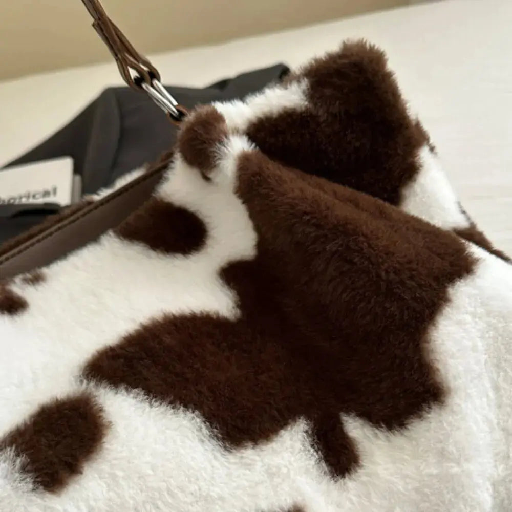 Cow Print Furry Tote Bag Accessories Trendsi