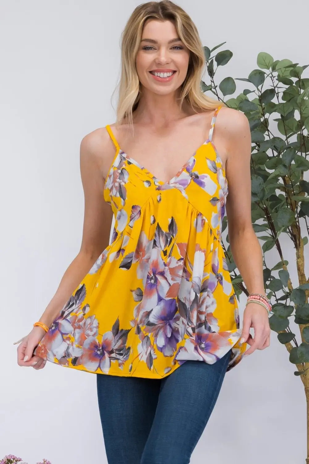 Celeste Floral V-Neck Cami Shirts & Tops Trendsi SM Yellow 