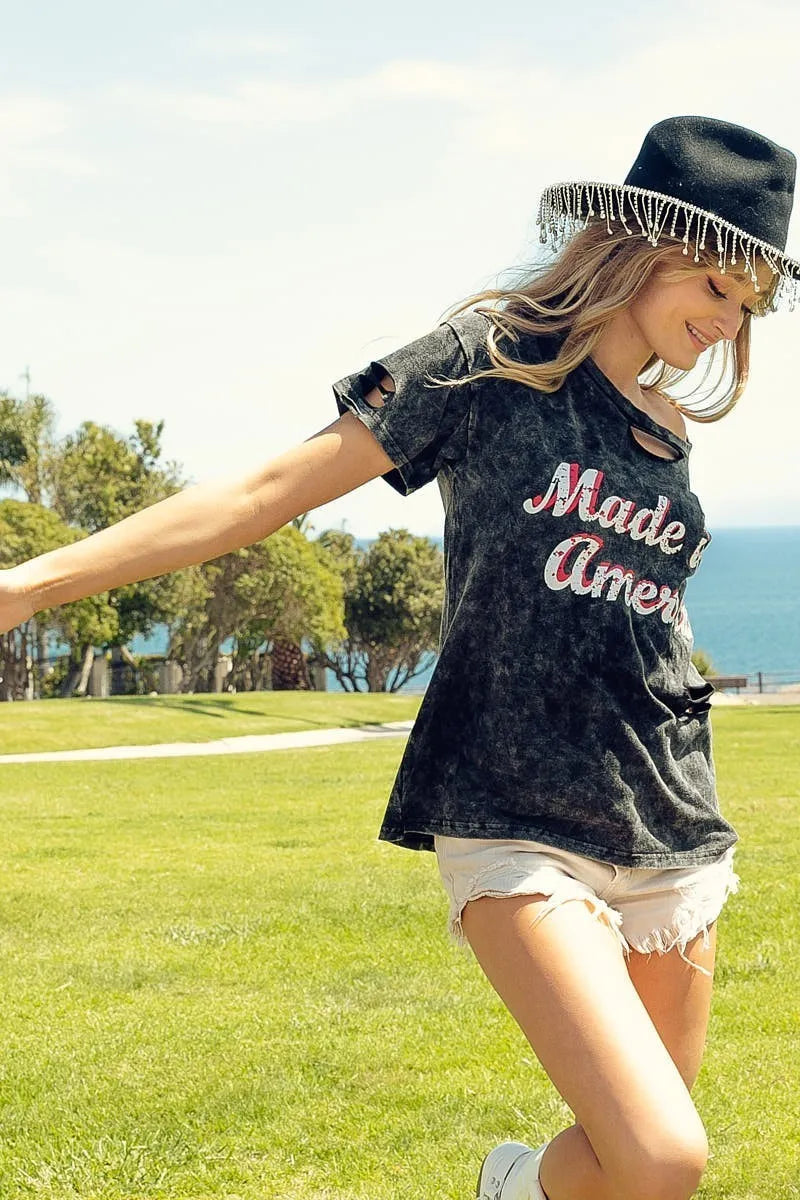 BiBi Laser Cut Mineral Washed America Print Top Women&