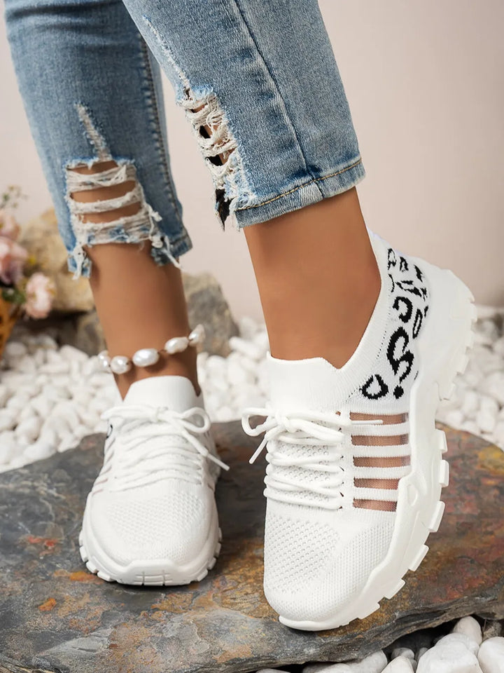 Cutout Leopard Lace Up Mesh Athletic Women's Shoes Trendsi