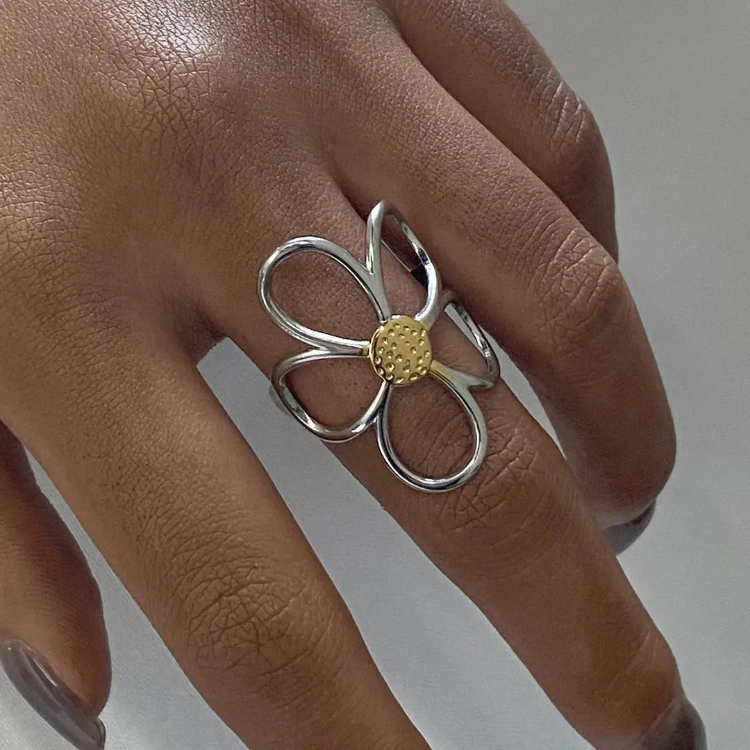 Two-Tone Daisy Flower Ring Rings Trendsi Gold One Size