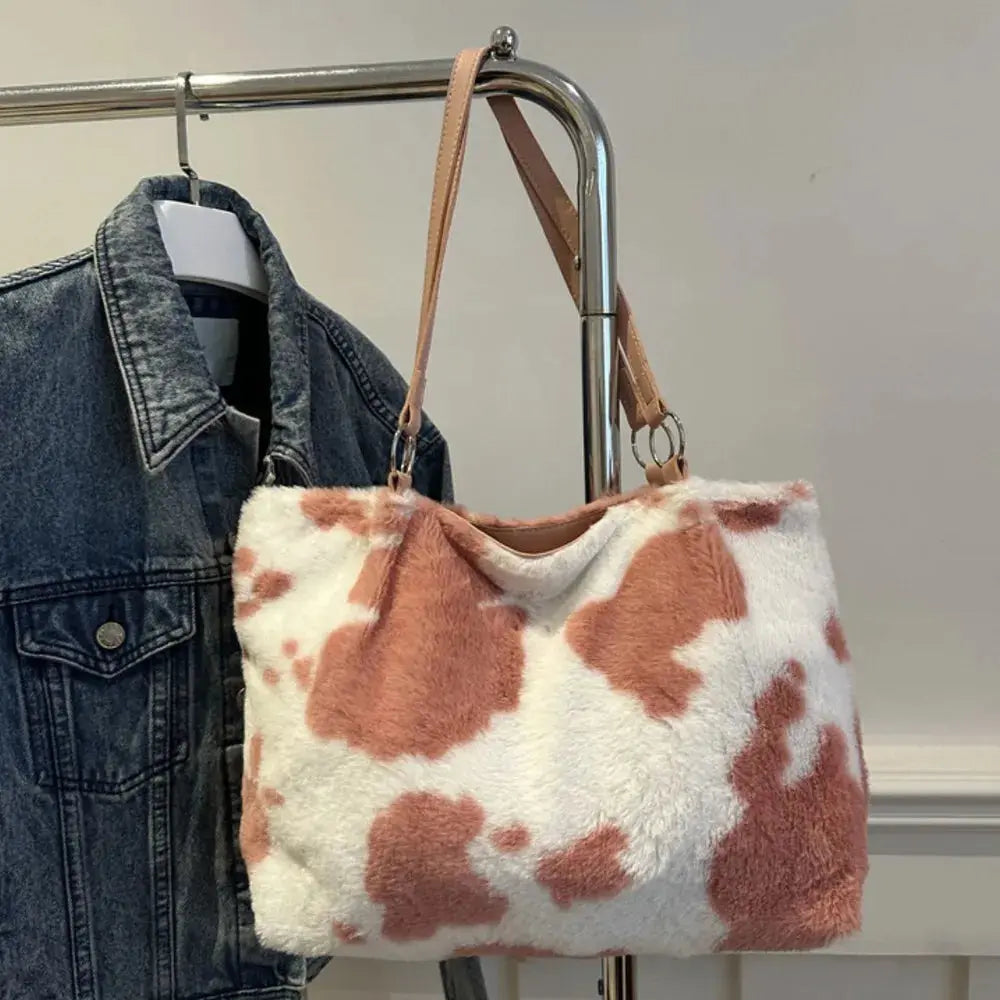 Cow Print Furry Tote Bag Accessories Trendsi