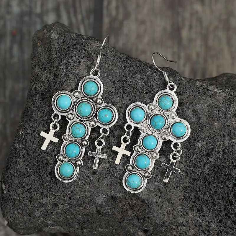 Turquoise Cross Shape Earrings Earrings Trendsi   