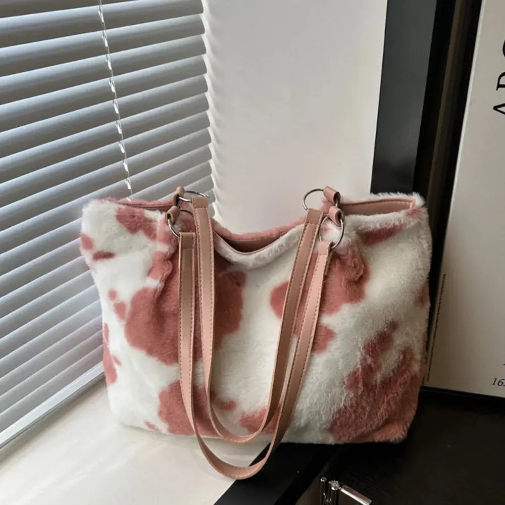 Cow Print Furry Tote Bag Accessories Trendsi One Size Dusty Pink