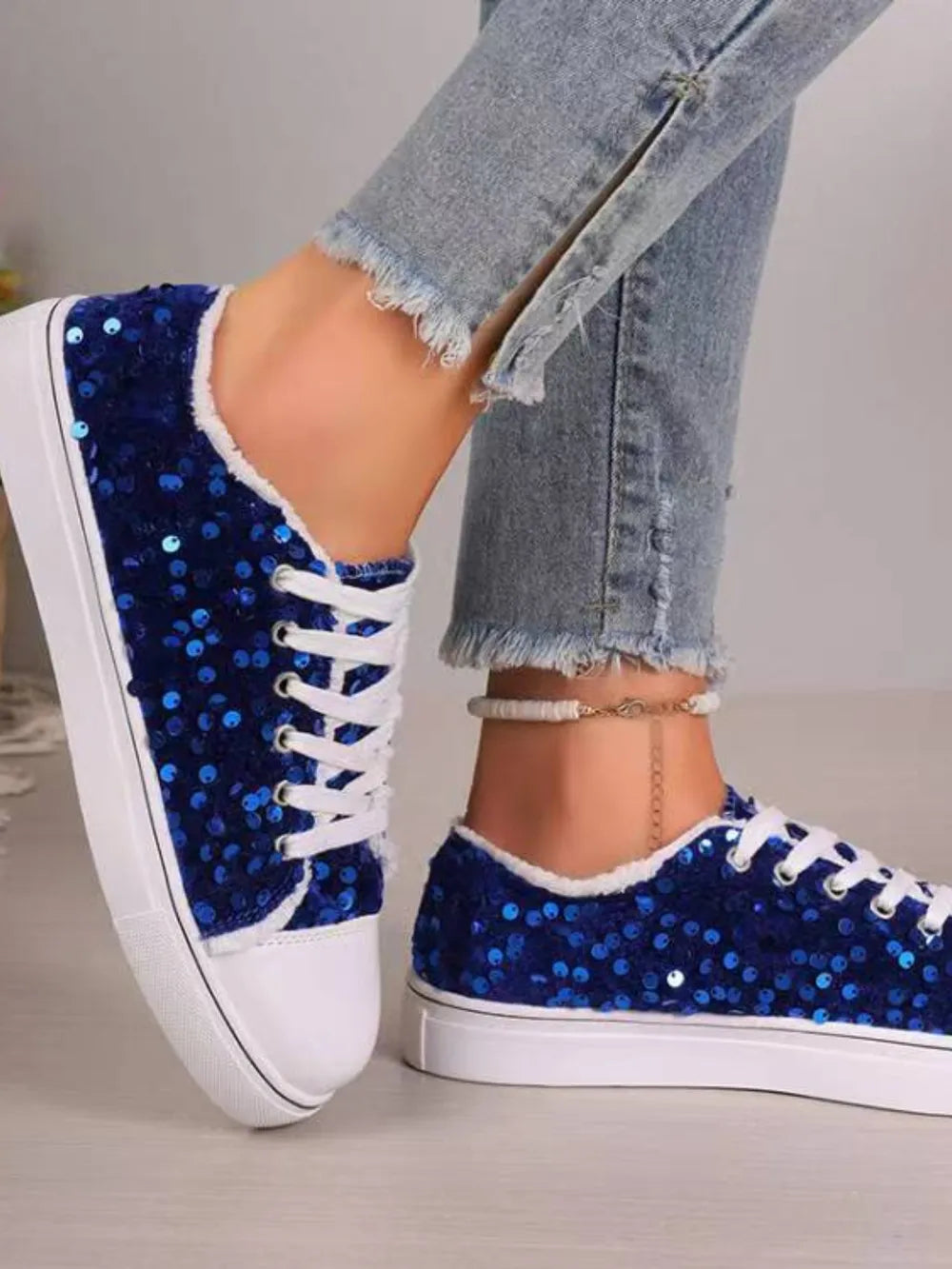 Sequin Lace-Up Sneakers Women's Shoes Trendsi