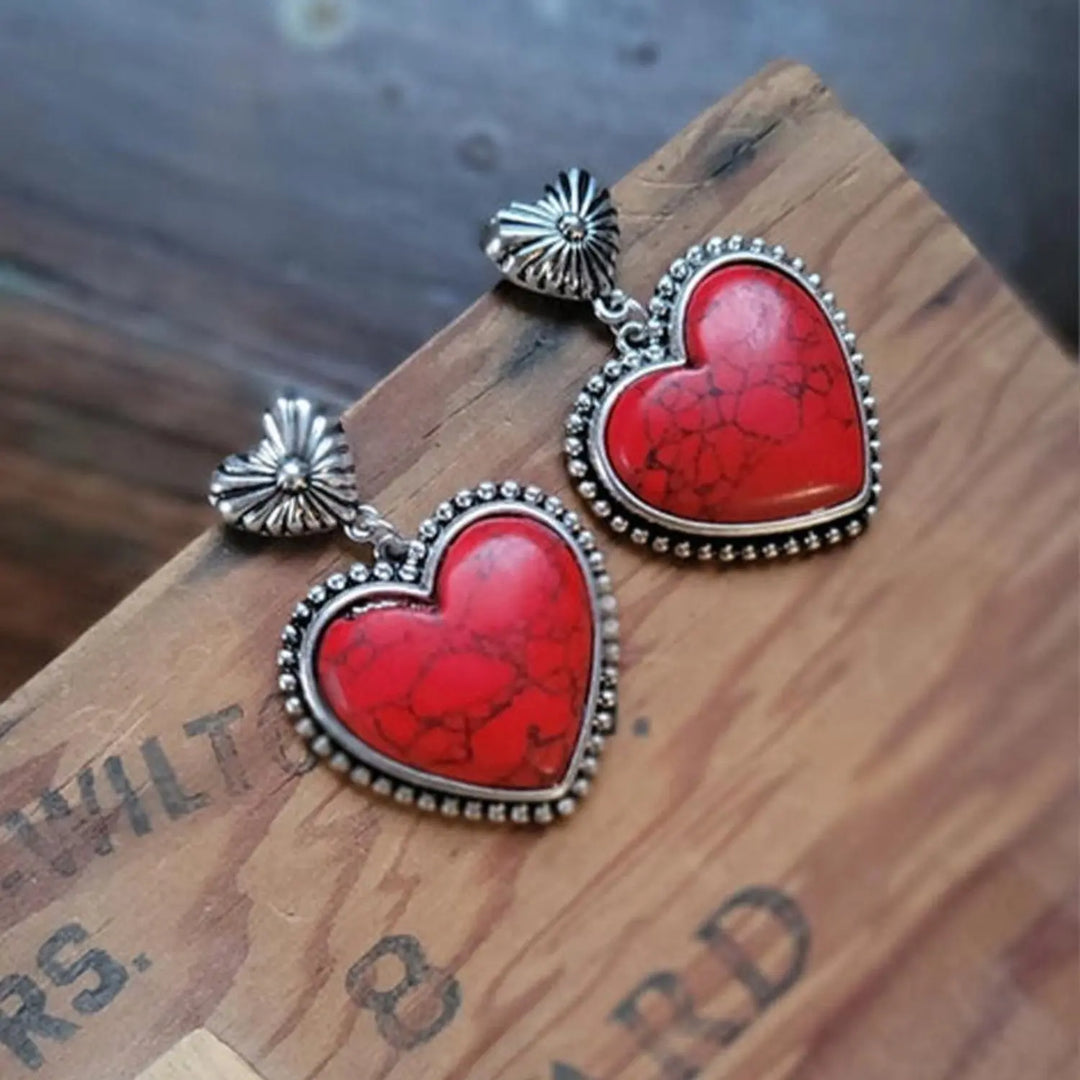 Turquoise Heart Dangle Earrings Earrings Trendsi Deep Red  