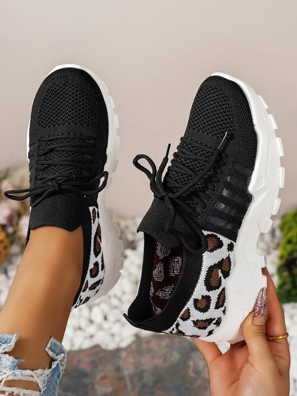 Cutout Leopard Lace Up Mesh Athletic Women's Shoes Trendsi