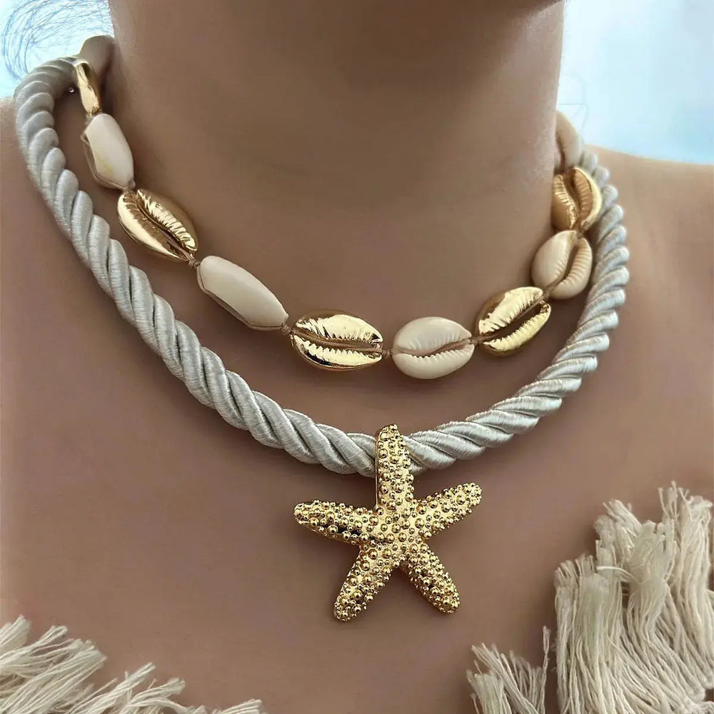 2-Piece Beaded Shell Starfish Rope Necklace Necklaces Trendsi