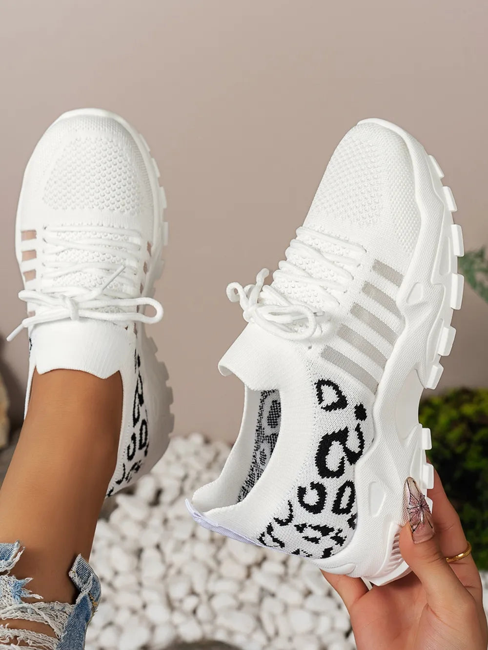 Cutout Leopard Lace Up Mesh Athletic Women's Shoes Trendsi