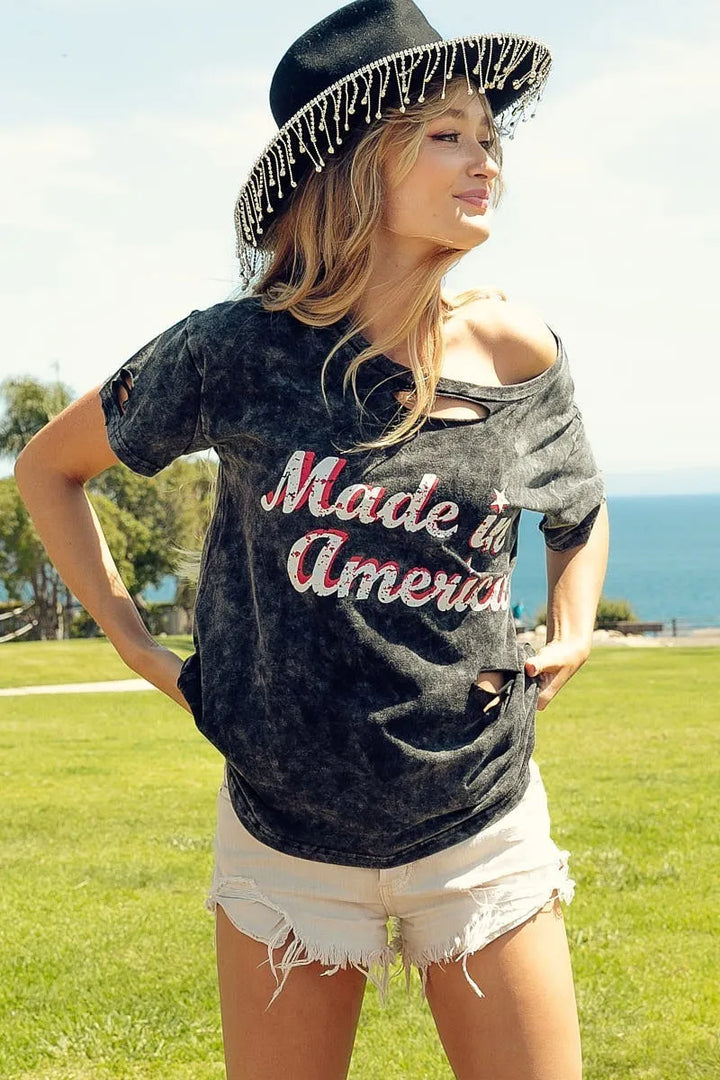 BiBi Laser Cut Mineral Washed America Print Top Women&
