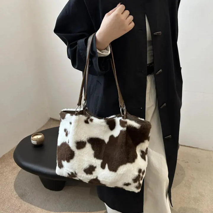 Cow Print Furry Tote Bag Accessories Trendsi