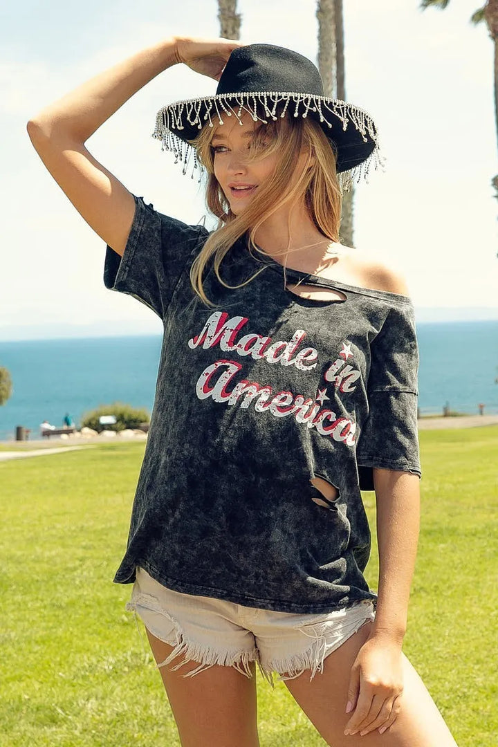 BiBi Laser Cut Mineral Washed America Print Top Women&