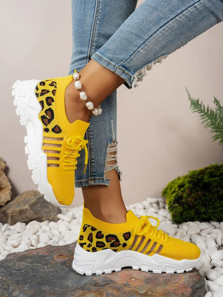 Cutout Leopard Lace Up Mesh Athletic Women's Shoes Trendsi