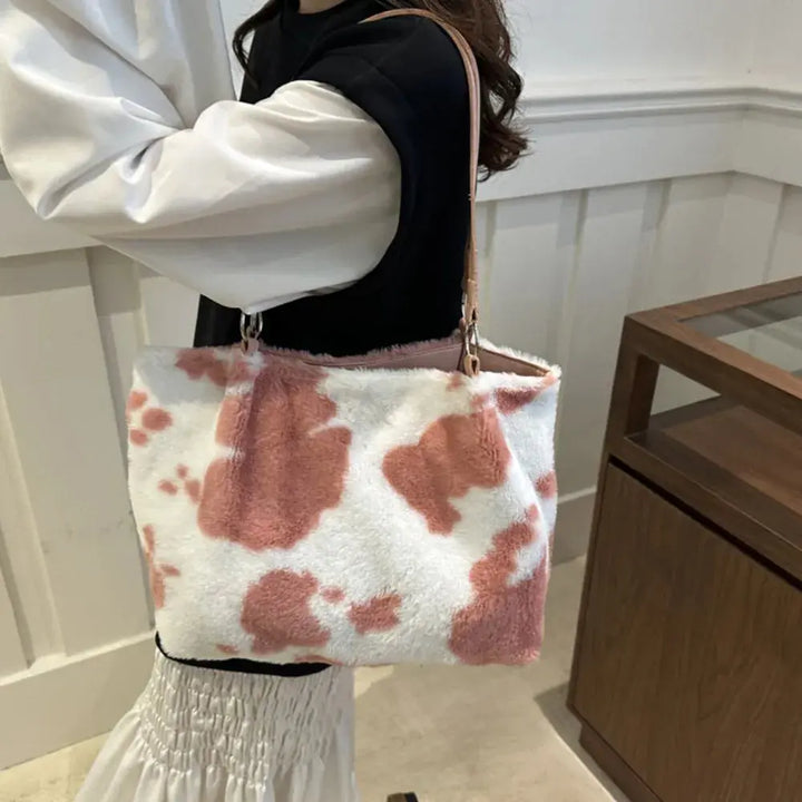 Cow Print Furry Tote Bag Accessories Trendsi