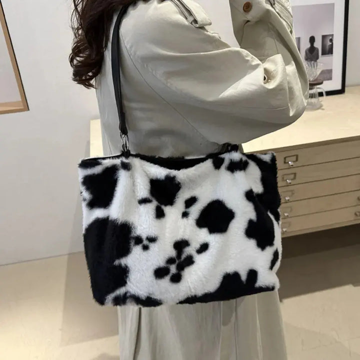 Cow Print Furry Tote Bag Accessories Trendsi