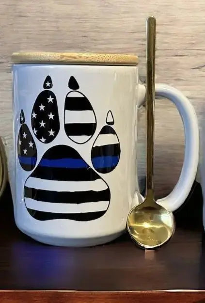 Police-Themed Drinkware Mugs Kimz Cove 15oz. Blue Line Paw Print w/ Brass Spoon & Bamboo Lid  