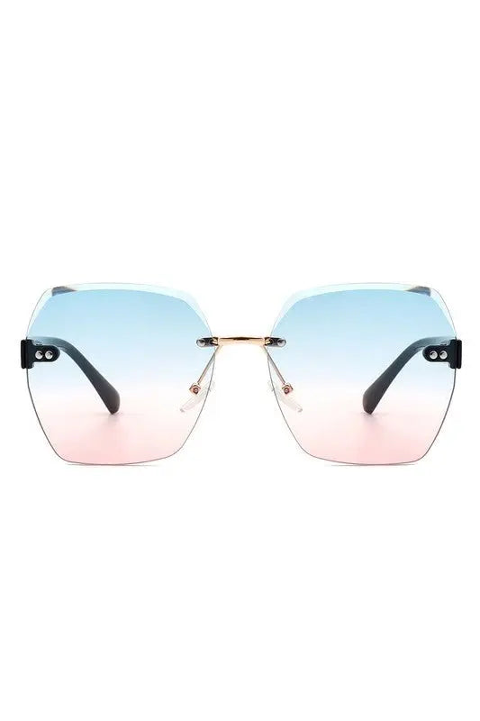 Oversize Square Geometric Rimless Sunglasses Sunglasses Cramilo Eyewear Blue/Pink One Size 