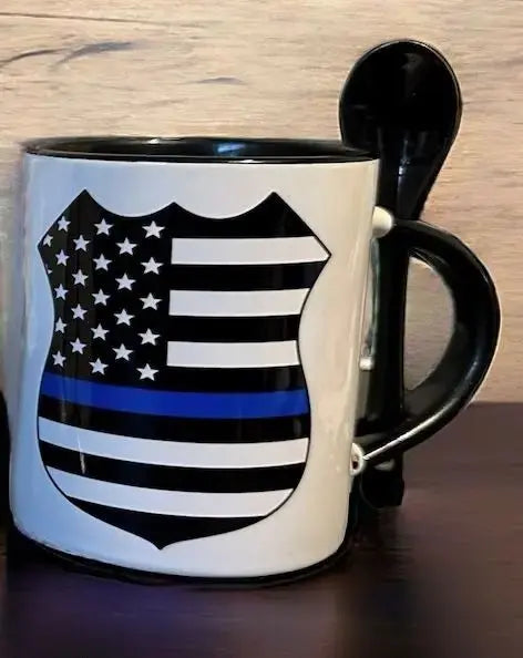 Police-Themed Drinkware Mugs Kimz Cove 11oz. Blue Line Badge Mug w/ Black Spoon  