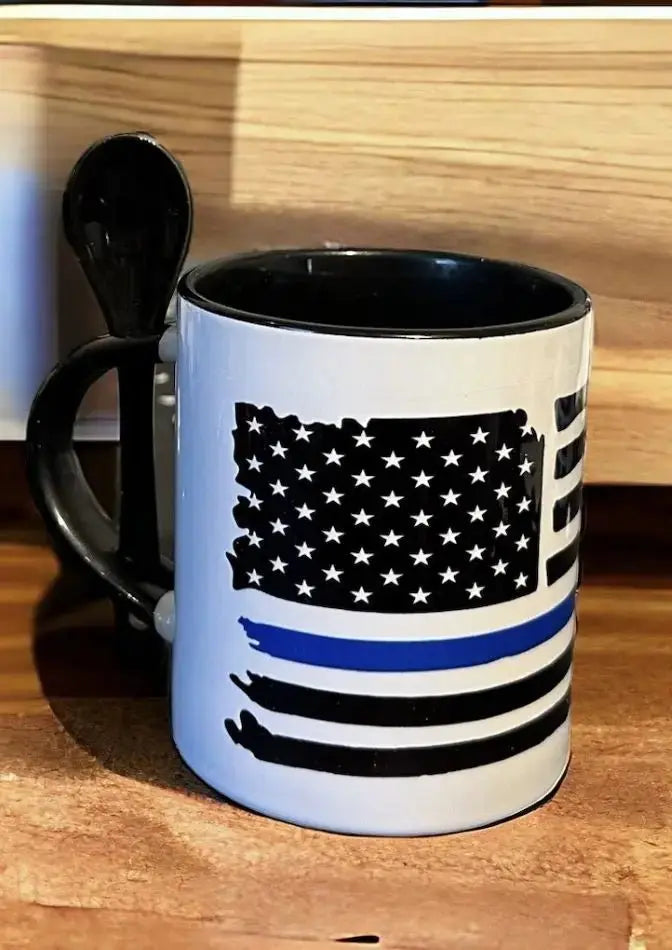 Police-Themed Drinkware Mugs Kimz Cove 11oz. Blue Line Flag Mug w/ Black Spoon  