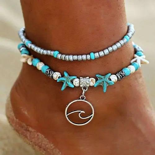 Ocean Theme Double Layer Anklet Bracelets Jasper Tidal Wave Pendant  