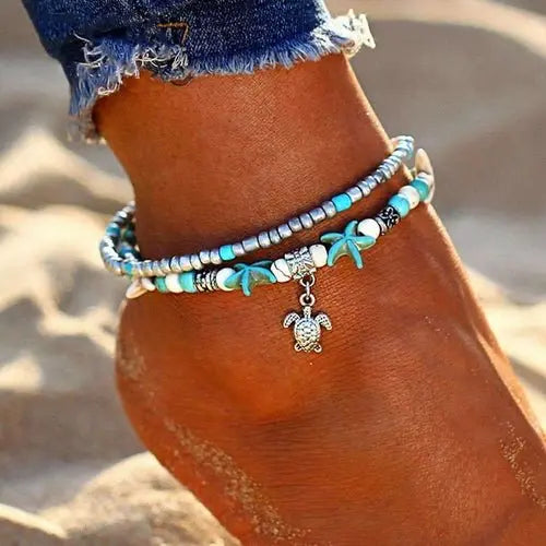 Ocean Theme Double Layer Anklet Bracelets Jasper Turtle Pendant  